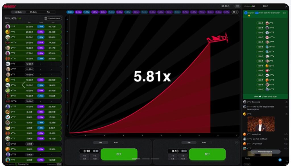 Ronda de Aviator de Spribe con el multiplicador en 5,81x y dos casillas de apuesta