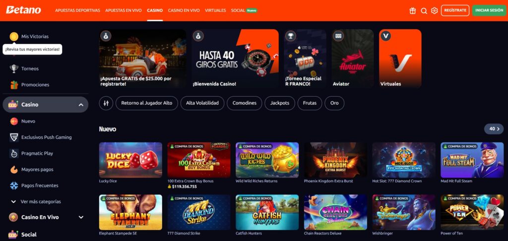 Lobby de casino de Betano Colombia con la sección Nuevo, juegos destacados como Aviator y una promoción de giros gratis
