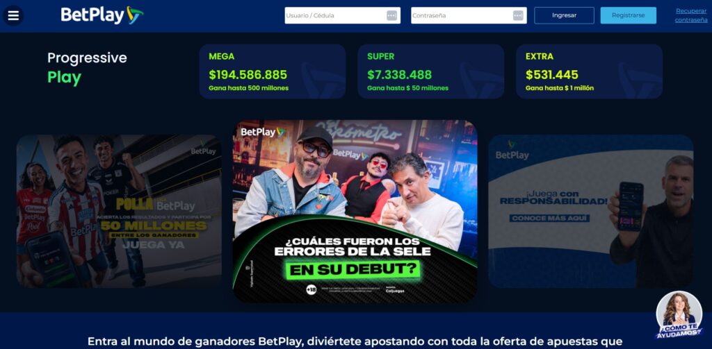 Página de inicio de BetPlay con jackpots progresivos Mega, Super y Extra y un banner de juego responsable