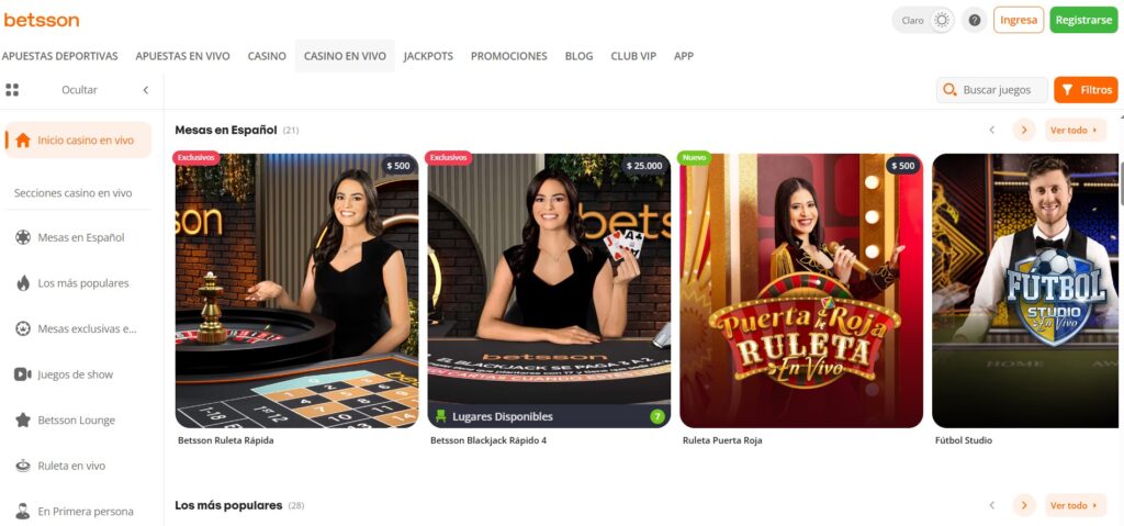 Casino en vivo de Betsson Colombia con mesas en español