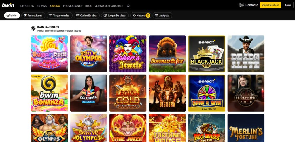 Tragamonedas favoritas en el casino de bwin Colombia, como Gates of Olympus y Big Bass