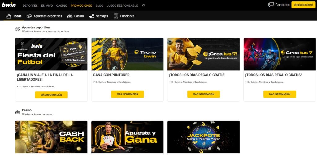 Página de promociones de bwin Colombia con ofertas de casino como cashback