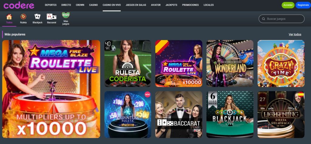 Casino en vivo de Codere Colombia con Mega Roulette, Crazy Time, Lightning Roulette, baccarat y blackjack