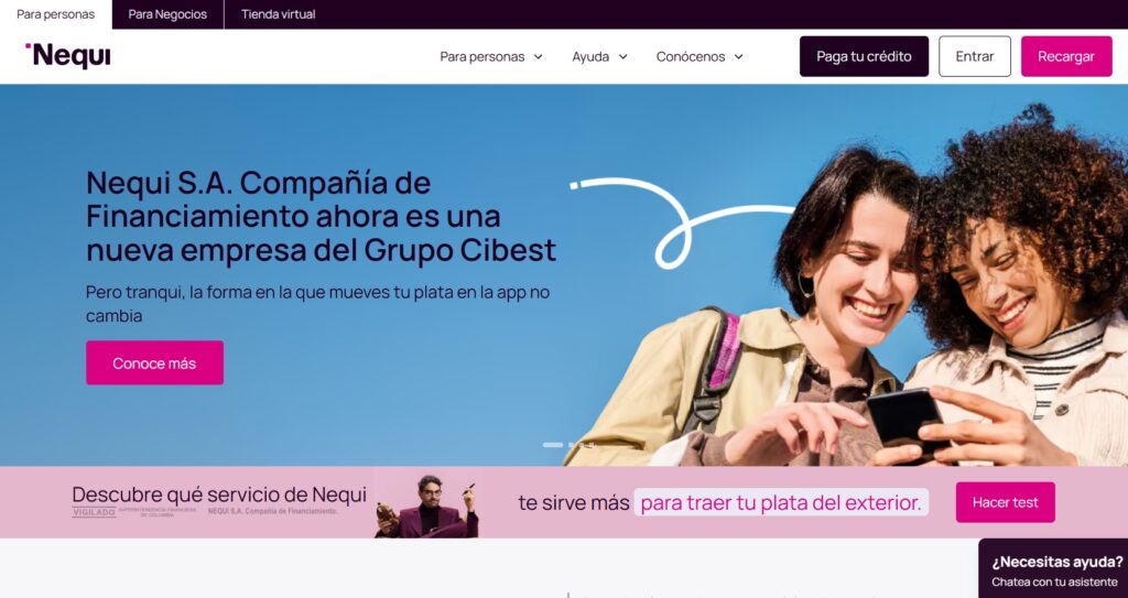 Sitio oficial de Nequi, que se presenta como compañía de financiamiento del Grupo Cibest