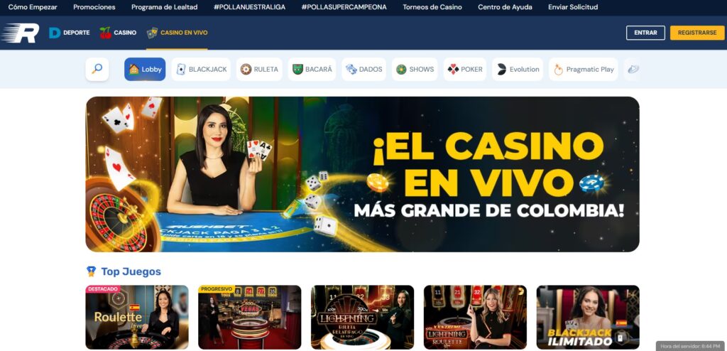 Sección de casino en vivo de Rushbet con ruleta, blackjack y otras mesas