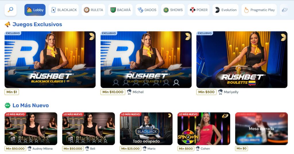 Lobby de Rushbet con pestañas de blackjack, ruleta, bacará, dados, shows, póker y filtros por proveedor