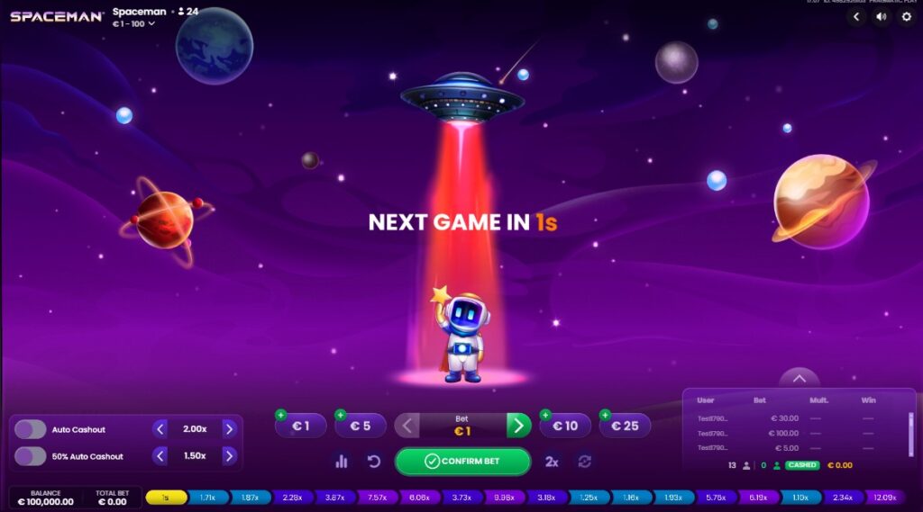 Pantalla de Spaceman antes de la ronda, con retiro automático y cobro automático del 50 %