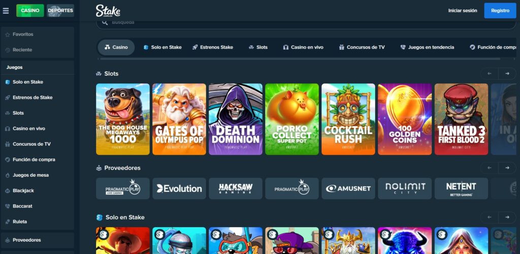 Lobby de Stake Colombia con la fila de proveedores: Pragmatic Play, Evolution, Hacksaw, Amusnet, Nolimit City y NetEnt