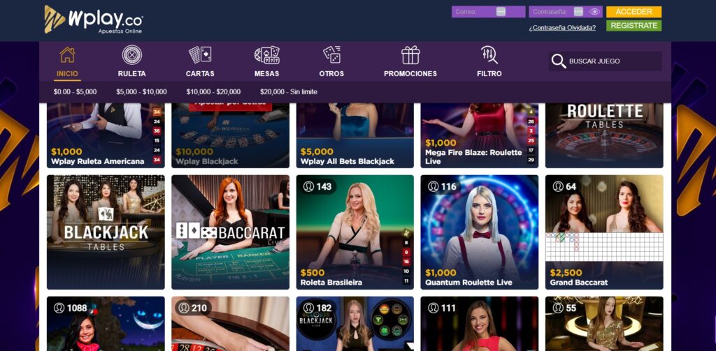 Casino en vivo de Wplay con mesas de ruleta, blackjack y baccarat y sus apuestas mínimas