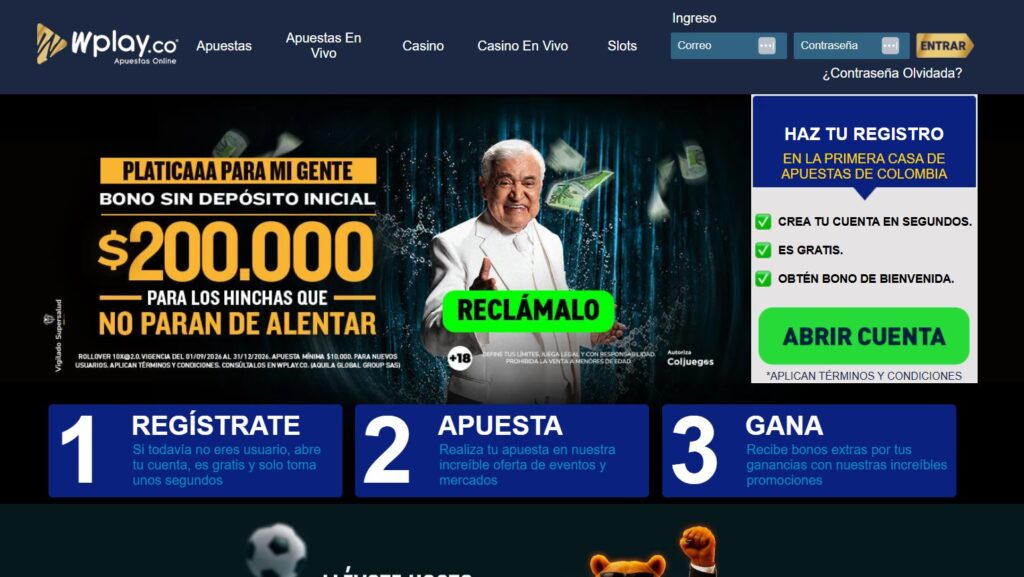 Página de inicio de Wplay con su bono de registro y los pasos regístrate, apuesta y gana